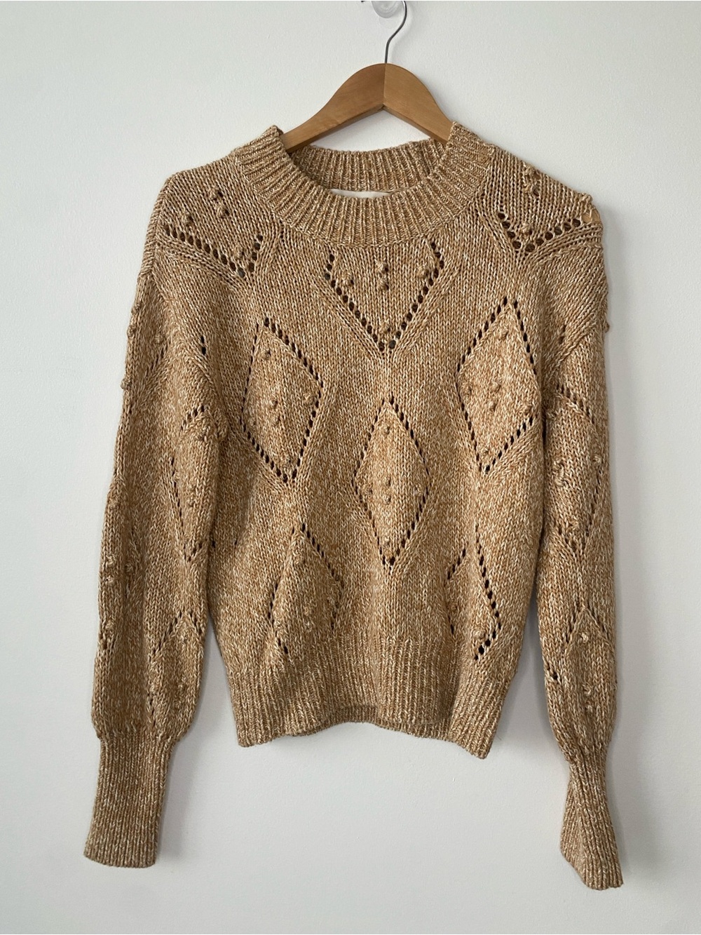 LOFT Open-Knit Diamond Crew Sweater - Tan